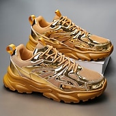 economico Sneakers Casual-Sneakers da uomo color oro metallizzato con suola spessa e finitura riflettente, scarpe da corsa alla moda con lacci per abbigliamento streetwear, da festa e casual