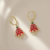 abordables Anillos de mujer-Pendientes festivos de árbol de Navidad rojo con brillantes diamantes de imitación y estrella verde.