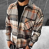 preiswerte Flanellhemden-Herren Hemd Freizeithemd Flanellhemd Knopfhemd Orange Grün Kaki Langarm Karomuster Revers Urlaub Ferien Tasche Bekleidung Polyester Mode Lässig Bequem