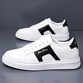 abordables Zapatillas Informales-Zapatillas casuales de piel sintética blanca para hombre con panel de acento marrón y diseño con cordones, zapatos de calle cómodos para atuendos urbanos y deportivos diarios.