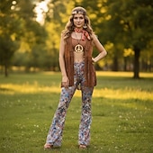 cheap Outfits-Set Retro Vintage 1970s Outfits Vest Bell Bottom Pants with Accessories Hippie Fancy Dress Women's Halloween Carnival Casual Daily Music Festival Adults' Cravat Top Pants