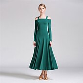 cheap Standard  Ballroom-Elegant Green Ballroom Dance Dress with Long Sleeves and Off-Shoulder Design for Latin &amp; Social Dancing