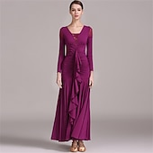 preiswerte Standard-Tanzsaal-grünes Gesellschaftstanzkleid mit langen Ärmeln, gerüschten Details und Rüschenrock für eleganten Latein &amp;Ballsaalaufführung