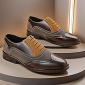 cheap Brogue Shoes-Men's Brown and Beige Faux Leather Brogue Oxford Shoes with Wingtip Detailing and Classic Lace-Up Design, Vintage Formal Shoes for Office and Parties