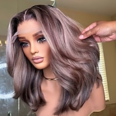 billiga Human Hair Lace Front Wigs-Brazilian Hair 100% Unprocessed Virgin Hair 5x5 Closure Wigs  Ash Blonde Highlighted 13x4 Lace Front Human Hair Wig Short Bob Wavy Wig Natural Hairline