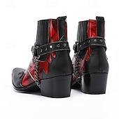 olcso Férfi karácsonyi cipők-Férfi piros és fekete lángmintás bőr bokacsizma láncpánttal és fém részletekkel, 100% marhabőr western csizma rockkoncertekre és bulikra