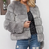 billiga Pälsar och Läder-Dam Vinterkappa Fuskpälskappa Håller värmen Bekväm Beskuren Pälsar och läder Mode Ledigt Slät Semester Gata Ledigt Dagliga kläder Normal Rund halsringning Normal Långärmad Ytterkläder Svart Vit