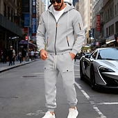 preiswerte Tute basic-Men's Tracksuit Outfit Set Hoodies Set Hoodie Outdoor Daily Sports Drawstring Zip Up Pocket Plain Black Navy Blue Brown Polyester Activewear Fashion Streetwear Fall