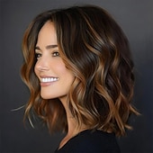 Недорогие Парик из искусственных волос без шапочки-основы-Женский парик карамельно-коричневого цвета длиной 14 дюймов с мелированием — волнистый парик длиной до плеч с предварительно выстриженными волосами на кружеве, пробор посередине, натуральный волнистый