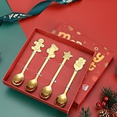 abordables Decoración de Mesa y Comedor-Cuchara navideña de acero inoxidable, juego de 4 piezas con diseño de árbol de Navidad, ideal para el hogar, café, cena, postres, helados y otras ocasiones especiales. Un regalo creativo para fiestas