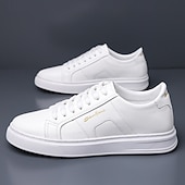 abordables Zapatillas Informales-Zapatillas casuales de piel sintética blanca para hombre con panel de acento marrón y diseño con cordones, zapatos de calle cómodos para atuendos urbanos y deportivos diarios.
