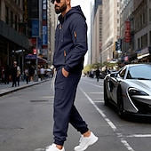 preiswerte Tute basic-Men's Tracksuit Outfit Set Hoodies Set Hoodie Outdoor Daily Sports Drawstring Zip Up Pocket Plain Black Navy Blue Brown Polyester Activewear Fashion Streetwear Fall