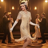 economico Abiti degli anni '20-Set Anni Ruggenti Anni 1920 Lunghezza al ginocchio Abito Flapper Abito da cocktail Costume di fantasia con accessori Maniche corte Il grande Gatsby Ragazza Flapper Paillettes Frangia con nappe Scollo