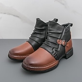 baratos Botas de trabalho-Botas masculinas de couro sintético bicolor, pretas e marrons, com tira de fivela lateral e design de gáspea dobrada, botas vintage feitas à mão para amantes da moda retrô