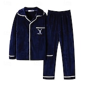 baratos Pijamas-Homens Roupa de Dormir Conjunto de Pijama Top e calça de pijama 1conjunto Cada Moda à moda Clássico Casa Diário De Cama Sherpa Poliéster Térmico / Quente Conforto Macio Lapela Manga Longa Calça