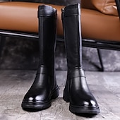 abordables Bottes d&#039;équitation-Bottes d&#039;équitation montantes en similicuir marron pour homme avec sangle à boucle, bottes hautes équestres vintage pour la mode et les costumes