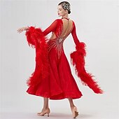 abordables Vêtements de Compétition-Robe de danse de salon pour femme, manches en plumes et strass, tenue de compétition de valse et de tango, avec dos transparent – rouge