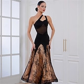 cheap Competition Wear-Women's Ballroom Dance Dress Black Lace Patchwork Mesh Asymmetric Shoulder Elegant Tango Rumba Competition Performance Gown