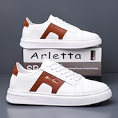 abordables Zapatillas Informales-Zapatillas casuales de piel sintética blanca para hombre con panel de acento marrón y diseño con cordones, zapatos de calle cómodos para atuendos urbanos y deportivos diarios.