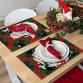 baratos Placemats &amp; Coasters &amp; Trivets-6 peças de floco de neve vermelho de natal &amp;Jogo americano de boneco de neve de árvore de Natal resistente ao calor, jogos americanos quadrados de linho para decoração de mesa de sala de jantar,