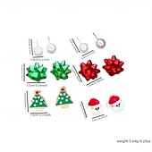 abordables Anillos de mujer-Conjunto de pendientes navideños: colección de joyas navideñas con lazos rojos y verdes, Papá Noel, árbol de Navidad y perlas.
