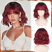 levne Syntetické trendy paruky-Krátká vlnitá paruka s hnědým melírem - 30 cm bob paruka s ofinou pro ženy, kudrnatá bob paruka po ramena s ofinou, měkké syntetické vlasy, paruky pro dívky, denní nošení, párty