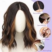 Недорогие Парик из искусственных волос без шапочки-основы-Женский парик карамельно-коричневого цвета длиной 14 дюймов с мелированием — волнистый парик длиной до плеч с предварительно выстриженными волосами на кружеве, пробор посередине, натуральный волнистый