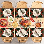 baratos Placemats &amp; Coasters &amp; Trivets-6 peças de floco de neve vermelho de natal &amp;Jogo americano de boneco de neve de árvore de Natal resistente ao calor, jogos americanos quadrados de linho para decoração de mesa de sala de jantar,