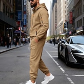 preiswerte Tute basic-Men's Tracksuit Outfit Set Hoodies Set Hoodie Outdoor Daily Sports Drawstring Zip Up Pocket Plain Black Navy Blue Brown Polyester Activewear Fashion Streetwear Fall
