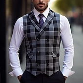 tanie Męska kamizelka-Męskie Kamizelka Strój koktajlowy Formalny Ślub Urlop Biznes Moda Klasyczny Wiosna Jesień Kieszeń Guziki Poliester Wygodny Kratka Guziki jednorzędowe W serek Regularny Czarny Brązowy Khaki Szary