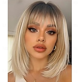 voordelige Synthetische trendy pruiken-Highlight gelaagde pruiken met pony 14 inch kort gemengd bruin lijmloos kant-en-klare rechte synthetische bobpruiken voor vrouwen realistische hoofdhuid dagelijks cosplaygebruik