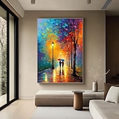 tanie Pejzaże-prezent świąteczny ręcznie malowany obraz olejny kolorowy spacer po mieście malarstwo na płótnie romantyczna para sztuka abstrakcyjne płótno deszczowe światła uliczne dekoracja ścienna nowoczesny
