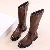 abordables Bottes d&#039;équitation-Bottes d&#039;équitation montantes en similicuir marron pour homme avec sangle à boucle, bottes hautes équestres vintage pour la mode et les costumes