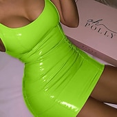 baratos Vestido Simples-Mulheres Minivestido Tubinho Vestido de decote Vestido de couro Moda Moderno Diário Festa Feriado Normal Tecido Sem Manga Decote U Preto Rosa Vermelho Verde Verão Primavera Outono