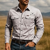 preiswerte Westernhemden für Herren-Herren Kuhmuster Arbeitshemd Westernhemd Cargohemd Langarm Taktisch Vintage-Retro Sport im Freien Arbeitskleidung Frühling Herbst Umlegekragen Zwei Fronttaschen Hemden mit Knopfleiste Armeegrün Khaki