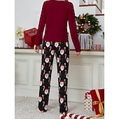 baratos Pijamas de Natal-Conjunto de Pijamas de Natal Feminino com Boneco de Neve e Árvore de Natal Confortável Gráfico do Pai Natal Cintura Elástica Camiseta Calça Férias em Casa Manga Longa Gola Redonda Rosa Vinho Vermelho