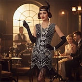 abordables Vestidos de los años 20-Conjunto Rugido 20s 1920s Hasta la Rodilla Vestido Flapper Vestido Cóctel Disfraz de lujo con accesorios Sin Mangas El gran Gatsby Chica de la aleta Lentejuelas Borlas Escote en Pico Disfraz Mujer