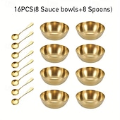 economico Set da Cucina-Set di 16 piatti rotondi in acciaio inox per salse, piatti dorati per salse, cucchiai dorati