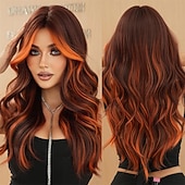 baratos Perucas Sintéticas sem Touca-Peruca longa ondulada em tons de laranja e castanho com franja, 66 cm (26 polegadas), franja cortina ruiva vibrante, peruca sintética resistente ao calor com raiz escura e mechas acobreadas, peruca