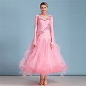 Недорогие Стандартный бальный зал-женское платье для бальных танцев, розовое, с цветочным принтом и стразами, многослойное, элегантное, для выступлений в стиле вальс-фокстрот