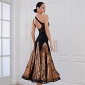 cheap Competition Wear-Women's Ballroom Dance Dress Black Lace Patchwork Mesh Asymmetric Shoulder Elegant Tango Rumba Competition Performance Gown