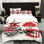 baratos Conjuntos de capa de edredão-Conjunto de capa de edredom de 3 peças com pintura a tinta estilo chinês para cama queen size, capa de edredom macia com 2 fronhas – hotel &amp;roupa de cama para quarto de hóspedes, aconchegante