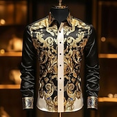 preiswerte Herren Satin Hemd-Herren Blumendruck Ethnisch Barock- Hemd Satinhemd Kleidhemd Langarm Vintage-Retro Urlaub Alltagskleidung Sommer Frühling Herbst Umlegekragen 3D-Druck Hemden mit Knopfleiste Schwarz Burgunderrot