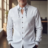 preiswerte Satinhemden für Herren-Herren Hemd Satinhemd Kleidhemd Besticktes Hemd Schwarz Weiß Langarm Geometrisch Einfach Gerader Kragen Urlaub Geschäft Stickerei Bekleidung Mode Lässig Smart Casual