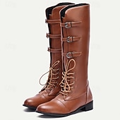 cheap Riding Boots-Brown Faux Leather Men's Lace-Up Boots with Buckle Detail – Trendy and Functional Boots for Fall and Winter Adventures