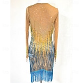 abordables robe de compétition-Women’s Gold and Blue Latin Dance Dress with Crystal Rhinestones and Fringed Details for Salsa, Tango, and Dance Performance
