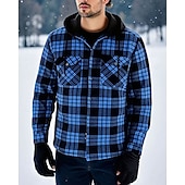 olcso flanel ingek-Férfi Shacket Ingkabát Téli kabát Kockás Vakáció Hétköznapi viselet Kék Hosszú ujj Kapucni Ősz Tél Ruházat Elülső zseb