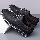 baratos Sapatos Casuais com Cadarço-Tênis masculino preto de couro sintético com forro de pele macia e sola antiderrapante, calçado casual quente para caminhadas no inverno, viagens ao ar livre e uso diário