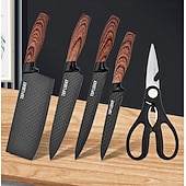 levne Kuchyňská sada-sada kuchyňských nožů, 6dílná luxusní sada nožů s dřevěným potahem, rukojeť s lehkou dřevěnou kresbou, nepřilnavý šéfkuchařský nůž z nerezové oceli s blokem na nože