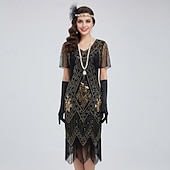 halpa 1920-luvun mekot-Setti Möly 20s 1920-luku Polvipituinen Mekko Asut Tarvikesarja lisävarusteiden kanssa Lyhyet hihat Suuri Gatsby Häävieras Paljetti Tupsu Paljetti Tupsu V kaula-aukko Naamiaispuku Naisten Karnevaali
